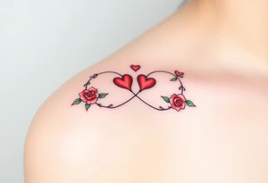 Full infinity symbol made out of vine banches with delicate roses and hearts, in soft red and green hues tattoo idea