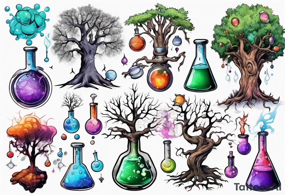 Tree with Chemistry items such as flasks and beakers filled with chemicals tattoo idea