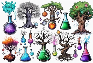 Tree with Chemistry items such as flasks and beakers filled with chemicals tattoo idea