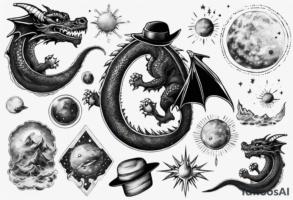Dragon out in space with an hat back tattoo tattoo idea