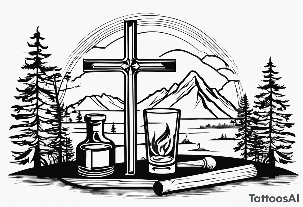 cross with whiskey glass, golf club, camp fire and cabin in the quandrants tattoo idea