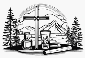 cross with whiskey glass, golf club, camp fire and cabin in the quandrants tattoo idea
