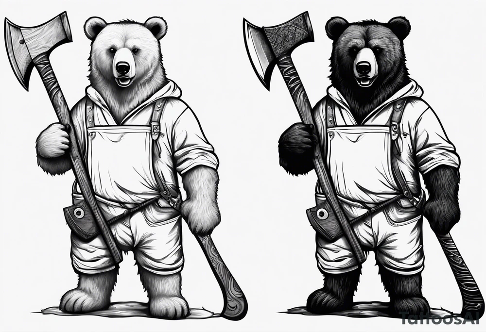 Vertically split half teddy bear and half grizzly bear holding a wooden axe tattoo idea