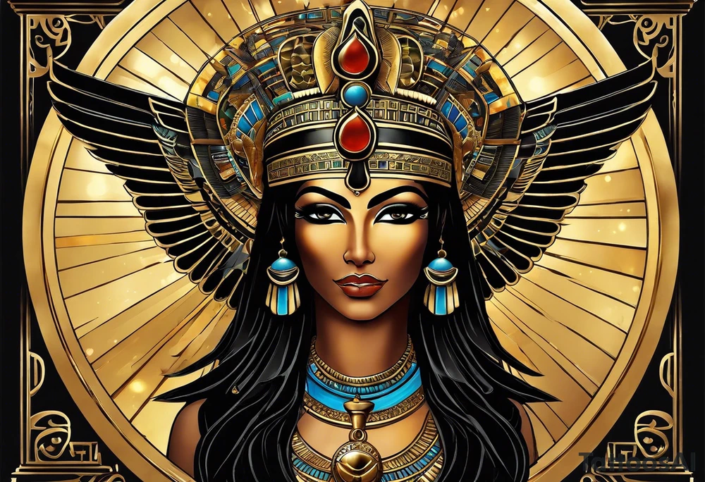 Egyptian goddess Isis, who is often depicted as a woman with outstretched wings, holding an ankh (a symbol of life) in one hand and a lotus flower in the other. Her headdress often includes a throne or a solar disk. The tattoo design can vary in style and size, but it typically aims to capture the essence of this revered Egyptian deity, emphasizing her beauty, power, and maternal qualities. The choice of colors and additional elements can also be customized to create a unique and visually striking representation of the goddess Isis. tattoo idea