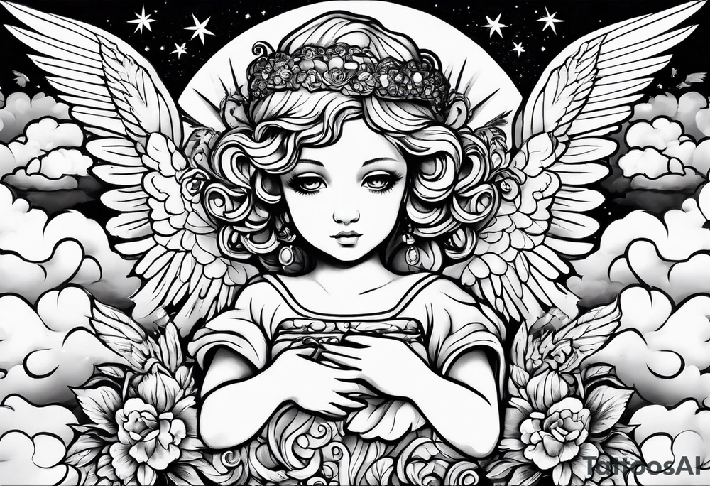 small angels with clouds in the background tattoo idea