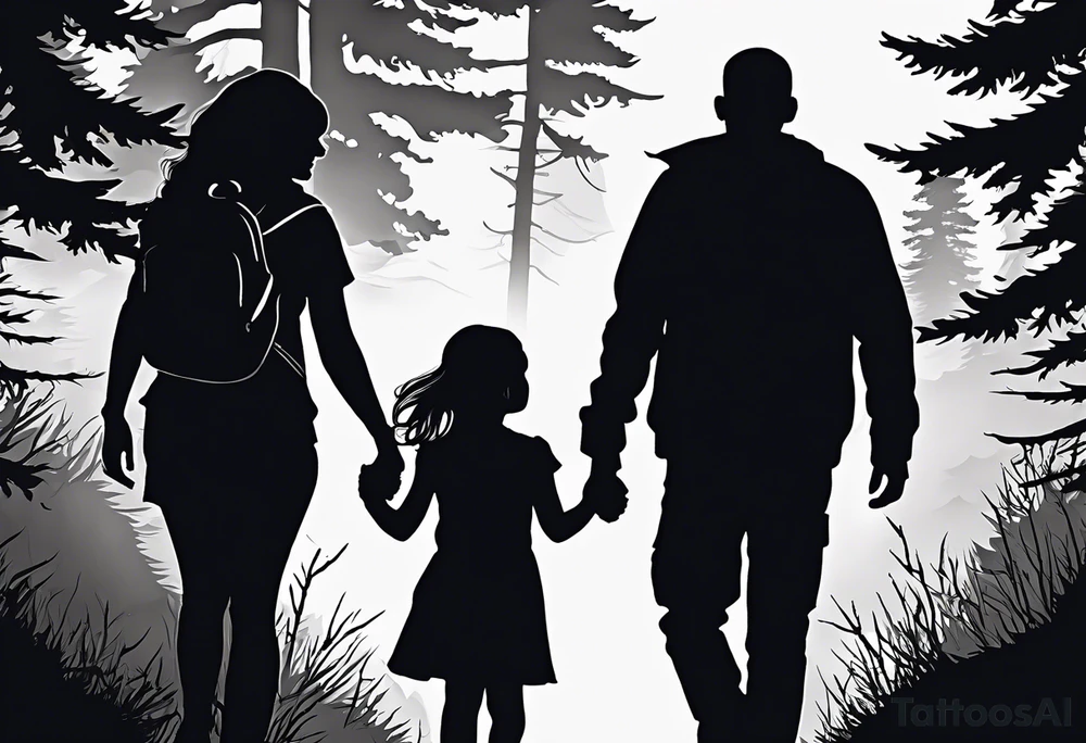 A shadow of a father and wife and young son and young daughter  walking through the Pacific Northwest Forrest.. Trust in God tattoo idea