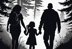 A shadow of a father and wife and young son and young daughter  walking through the Pacific Northwest Forrest.. Trust in God tattoo idea