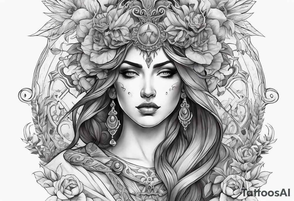 Hades with blue and red
shadowns and persephone symbols tattoo idea