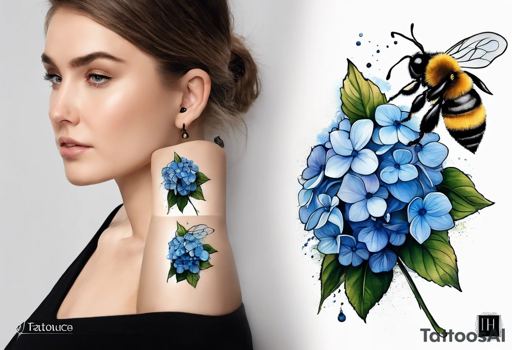3 in by 2 in minimalist tattoo for forearm of a blue Hydrangea and a very small bee. tattoo idea