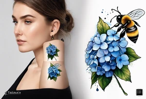 3 in by 2 in minimalist tattoo for forearm of a blue Hydrangea and a very small bee. tattoo idea