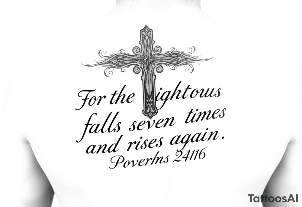 Upper forearm vertical tattoo layout. A large, ornate Christian wood-grain cross serves as the center anchor. Flows into elegant Chicano-style cursive calligraphy that completely fills the upper forearm space. The text spells out the full verse: "For the righteous falls seven times and rises again. Proverbs 24:16". Deep black ink, sharp fine-line details, drop shadows under the letters for depth. Solid white backdrop, absolutely no clouds or smoke backgrounds. tattoo idea