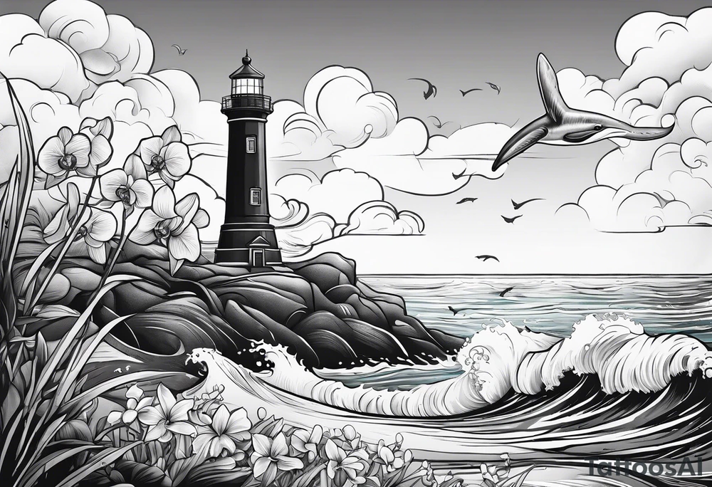 Lighthouse on a beach with a whale's tail sticking out of the water of the ocean with a border containing an anchor and orchids tattoo idea