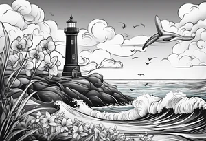 Lighthouse on a beach with a whale's tail sticking out of the water of the ocean with a border containing an anchor and orchids tattoo idea