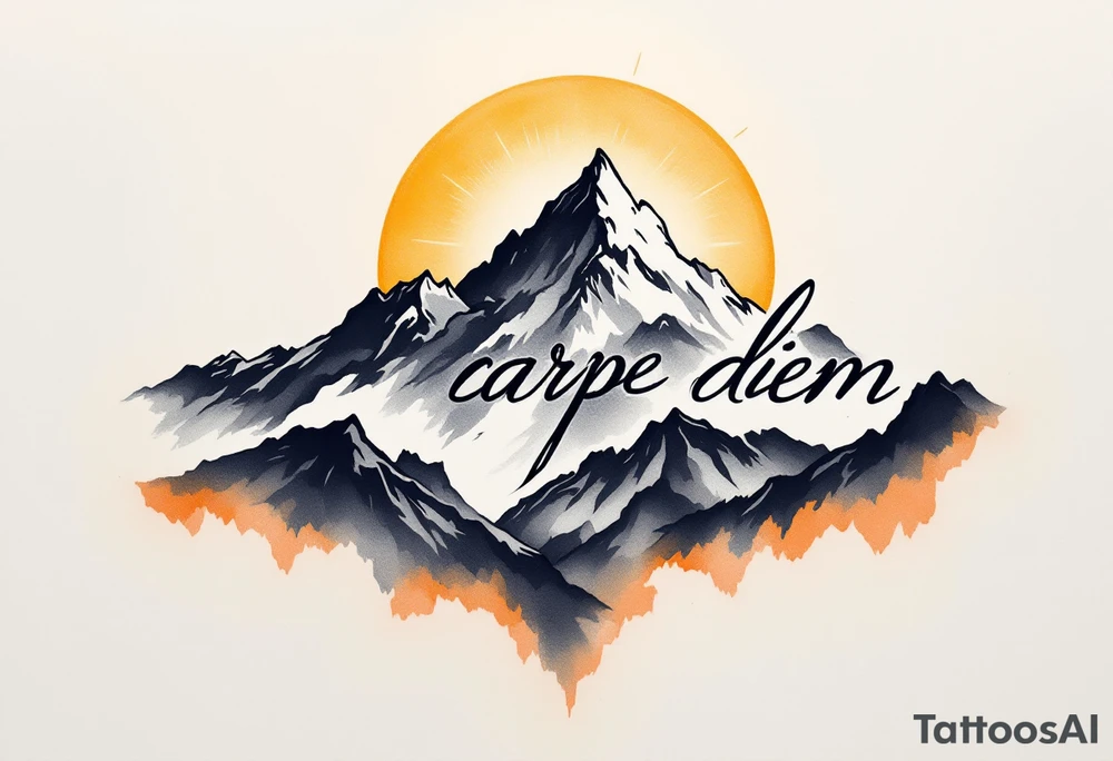 An arched black minimalist font "carpe diem" over a gray mountain range and golden sun. tattoo idea
