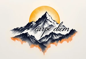 An arched black minimalist font "carpe diem" over a gray mountain range and golden sun. tattoo idea