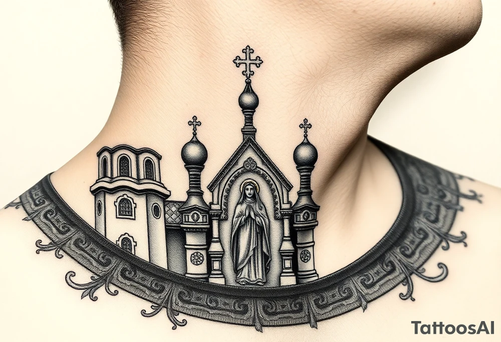 medium traditional russian orthodox church with russian coat arms and virgin mary on the side of the neck tattoo idea
