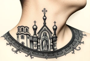 medium traditional russian orthodox church with russian coat arms and virgin mary on the side of the neck tattoo idea