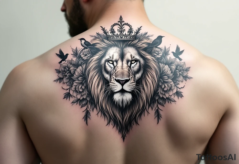 powerful majestic lion with a crown, surrounded by floral ornaments and birds tattoo idea