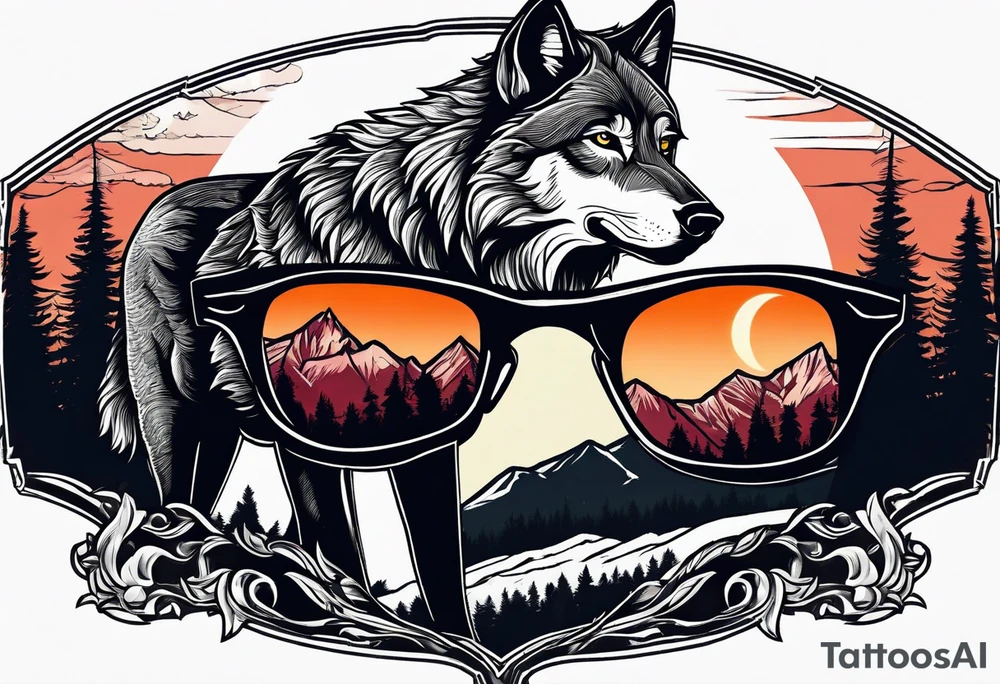 Wolf wearing sunglasses
Mountain peaks
Dark forest
Sunset
Moon tattoo idea