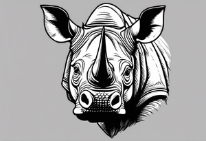 A front-facing rhino head with a sharp elongated tusk that appears angry and fierce. Ears pointed straight up and forward a bit. This rhino if he was in DnD would be a level 20 Paladin tattoo idea