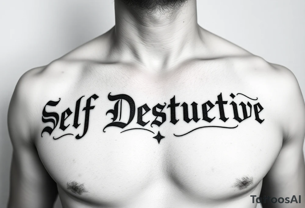 The words Self Destructive in Chicano/old English lettering across the chest tattoo idea