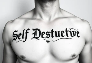 The words Self Destructive in Chicano/old English lettering across the chest tattoo idea