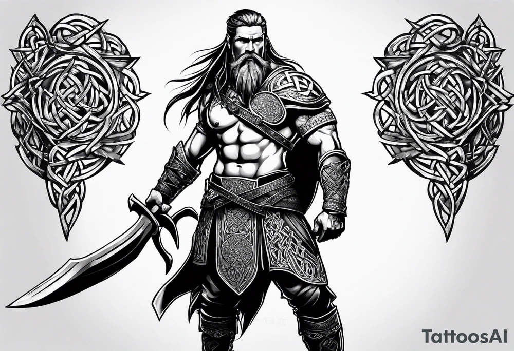 Full body side profile of Celtic warrior with weapons drawn tattoo idea