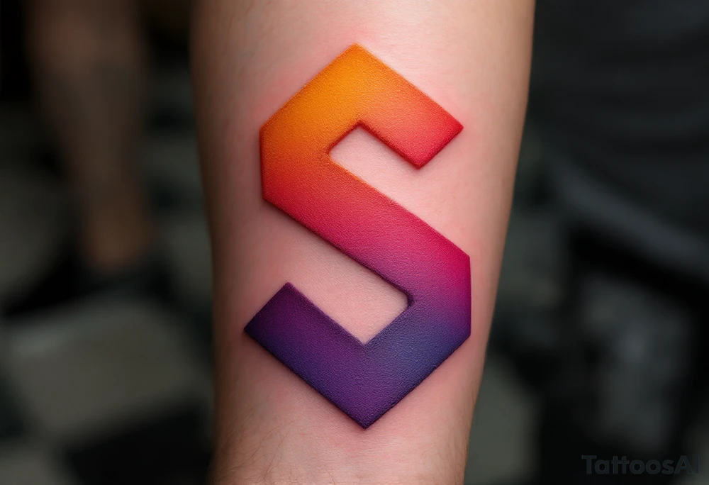 A vibrant sunset-gradient "S" transitioning from orange to pink to deep purple. tattoo idea