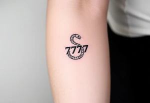 Minimalist black ink tattoo design of a small snake coiled around the number 777. tattoo idea
