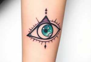 Large outline of an almond shaped eye with a spade shaped eyeball colored greenish blue with a crescent moon stars and clouds inside vivid colors blue green purple tattoo idea