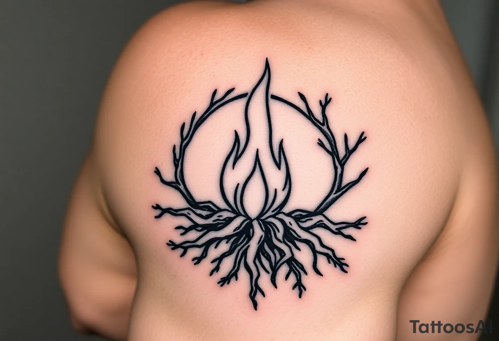 a round flame imprisoned in a roots circle tattoo idea