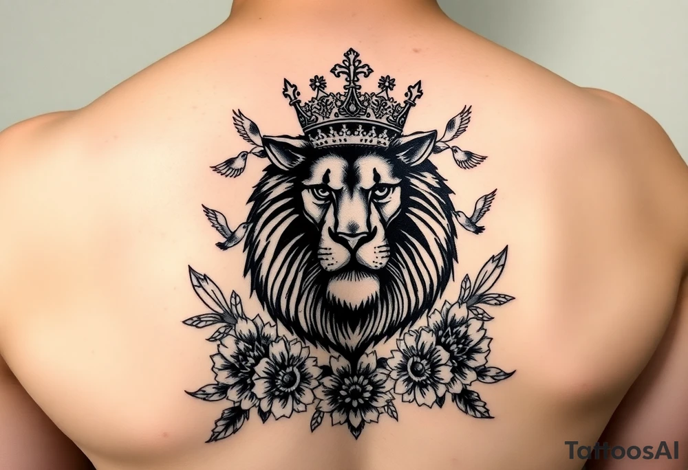 powerful majestic lion with a crown, surrounded by floral ornaments and birds tattoo idea