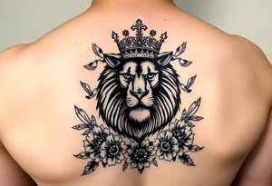 powerful majestic lion with a crown, surrounded by floral ornaments and birds tattoo idea