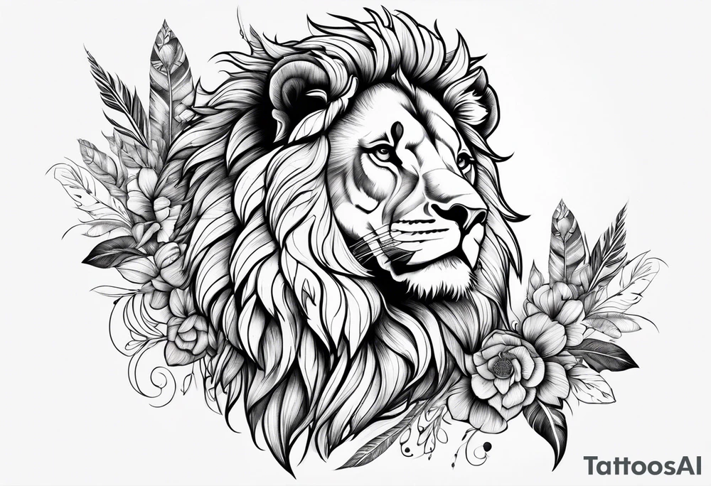Powerful lion with feathers floral tattoo idea