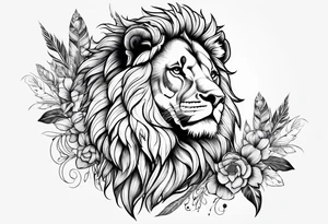 Powerful lion with feathers floral tattoo idea