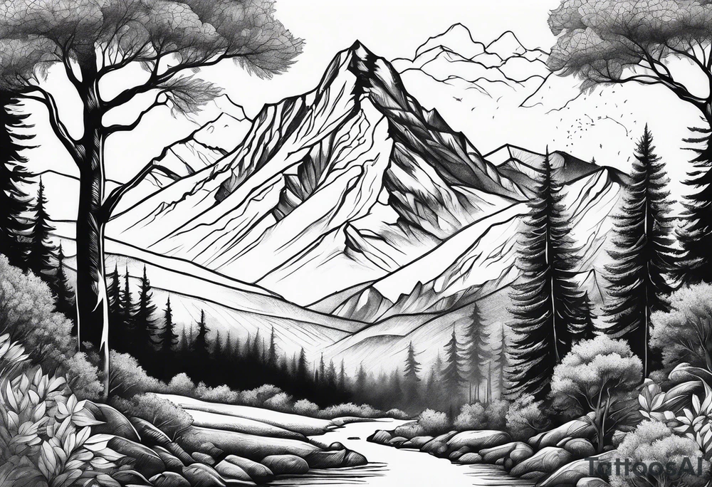Mountain with trees and animals tattoo idea