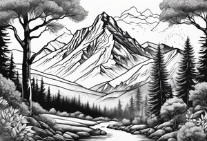 Mountain with trees and animals tattoo idea