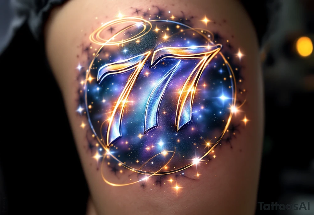 A bold, glowing "777" in a sleek, modern font, radiating with gold and silver light. The numbers are surrounded by celestial elements like tiny twinkling stars, a faint halo, and soft angelic wings, symbolizing divine guidance and good fortune. A subtle gradient of blue and purple hues in the background gives it a mystical aura, while thin golden filigree wraps around the numbers, adding an elegant and timeless touch. This tattoo embodies luck, spiritual awakening, and universal alignment, making it a powerful symbol of destiny and fortune. tattoo idea