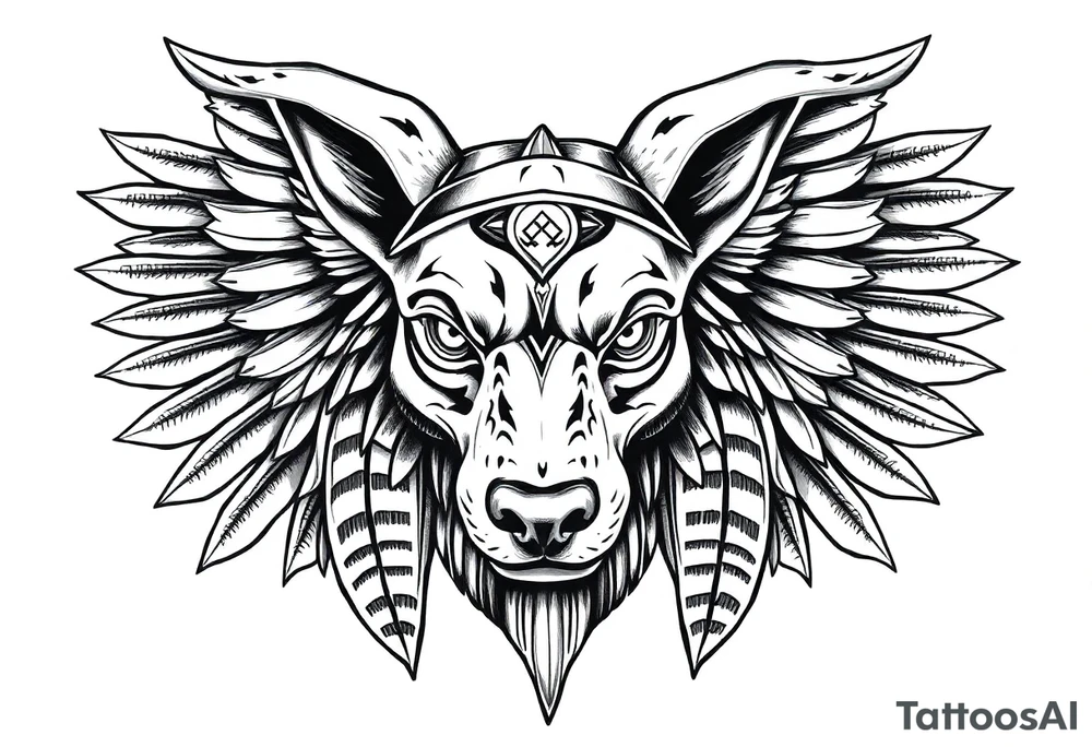 Egyptian Anubis god face muscle in Egypt style  with mantle on head

dog face surrounded Egyptian symbols based on elements tattoo idea