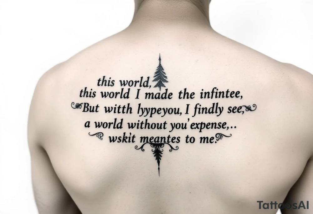 An upper arm tattoo for a man in the style of Ryan Ashley Malarkey with the lyrics, "In this world I made to be infinite
But within the expanse, I finally see
A world without you isn't meant for me", from the band Lorna Shore with their dark forest imagery and aesthetics. tattoo idea