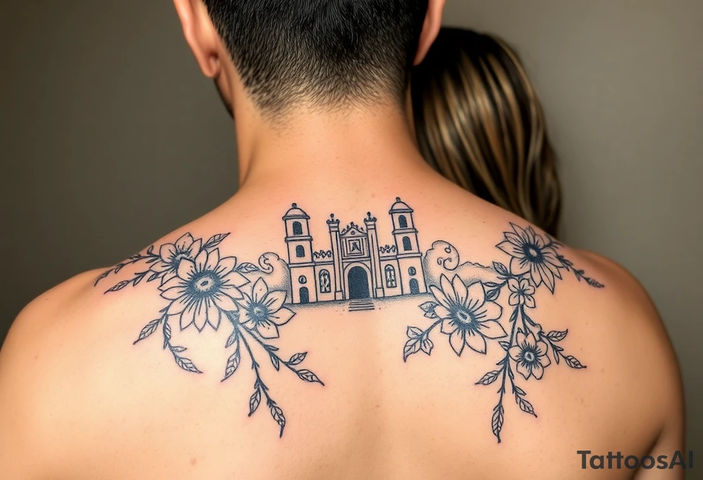 Two people setting out on a powerful new life journey to San Miguel de Allende, Mexico. Include colorful and delicate vines, ornaments, and floral accents. tattoo idea