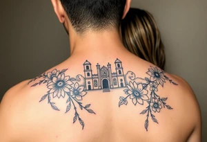 Two people setting out on a powerful new life journey to San Miguel de Allende, Mexico. Include colorful and delicate vines, ornaments, and floral accents. tattoo idea