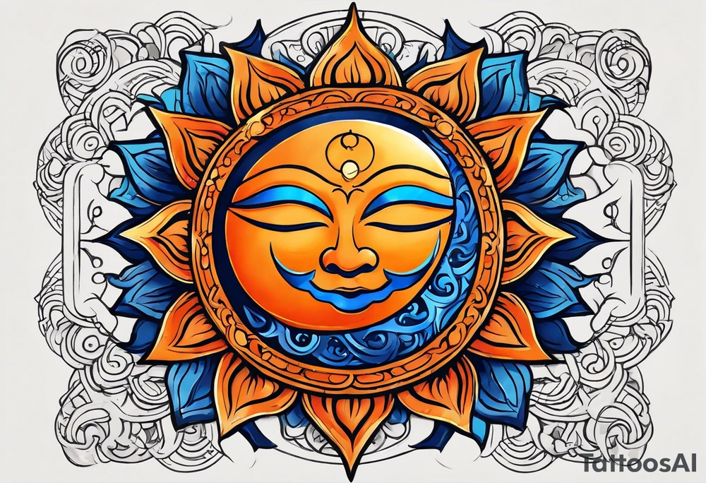 I'd like a tattoo of an orange sun with a blue ohm symbol superimposed on it. The sun should be behind the ohm symbol. tattoo idea