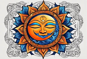 I'd like a tattoo of an orange sun with a blue ohm symbol superimposed on it. The sun should be behind the ohm symbol. tattoo idea