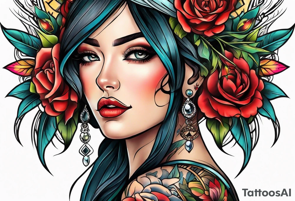 Neo traditional woman tattoo face cross eye tattoo idea