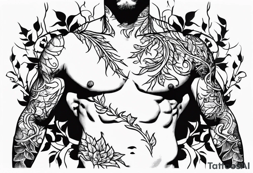 vines coming from skin and wrapping around body. front torso (chest, abs) male tattoo idea