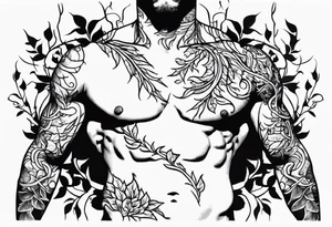 vines coming from skin and wrapping around body. front torso (chest, abs) male tattoo idea