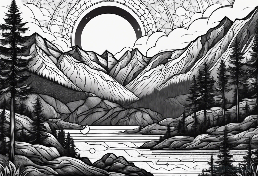 nature with mountains, waterfall, water, and a father and son in the background and and moon/sun in the sky with stars tattoo idea