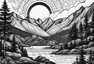 nature with mountains, waterfall, water, and a father and son in the background and and moon/sun in the sky with stars tattoo idea