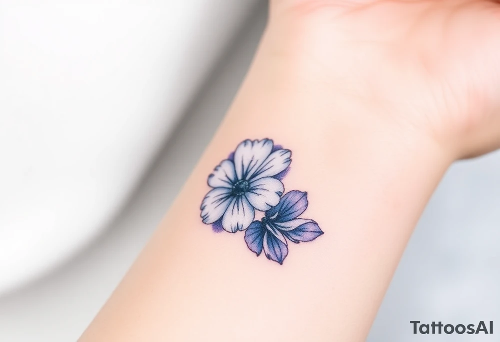 Design a very small (max 2x2 cm) tattoo for the inner wrist that subtly symbolizes lesbian identity. It should be minimal and delicate — possibly fine line or soft color. The design must be discreet yet meaningful, not instantly recognizable as LGBTQ but with layered symbolism, something like the triangle upside down. Think of subtle elements like intertwined female symbols, abstract sapphic references, or a hidden double meaning through nature (e.g. flowers, moons, triangles). Avoid clichés or bold pride imagery. Keep it elegant, wearable, and intimate. Add a daisy and a violet tattoo idea